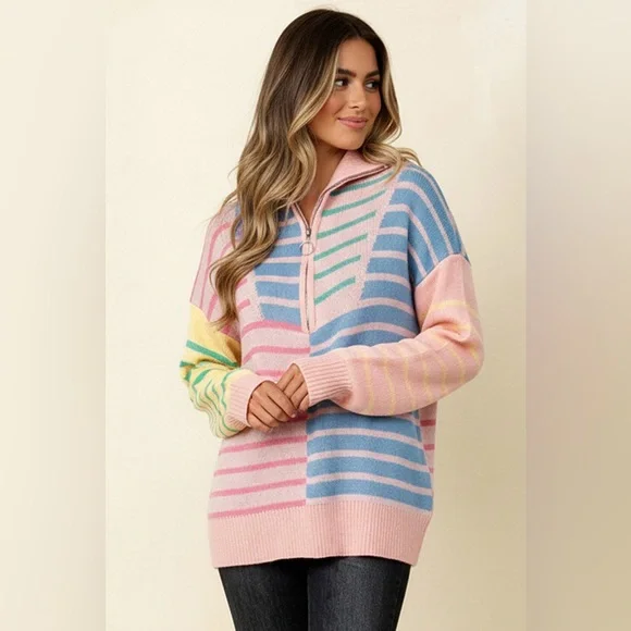Pink blue stripe half zip contrast western print pullover sweatshirt tunic top - Picture 5 of 8